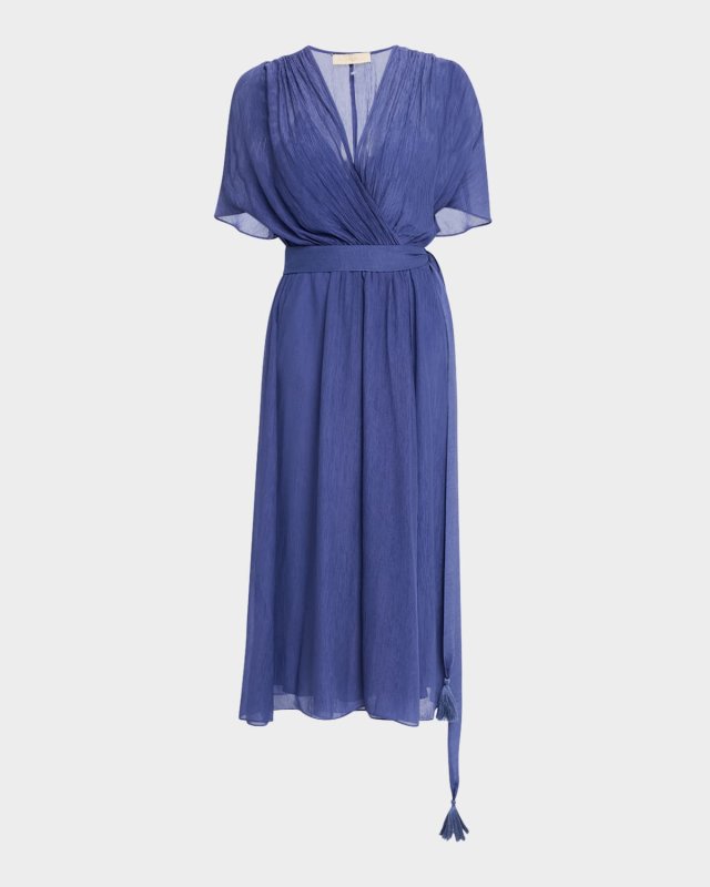 Edjie Crinkled Viscose Chiffon Midi Wrap Dress
